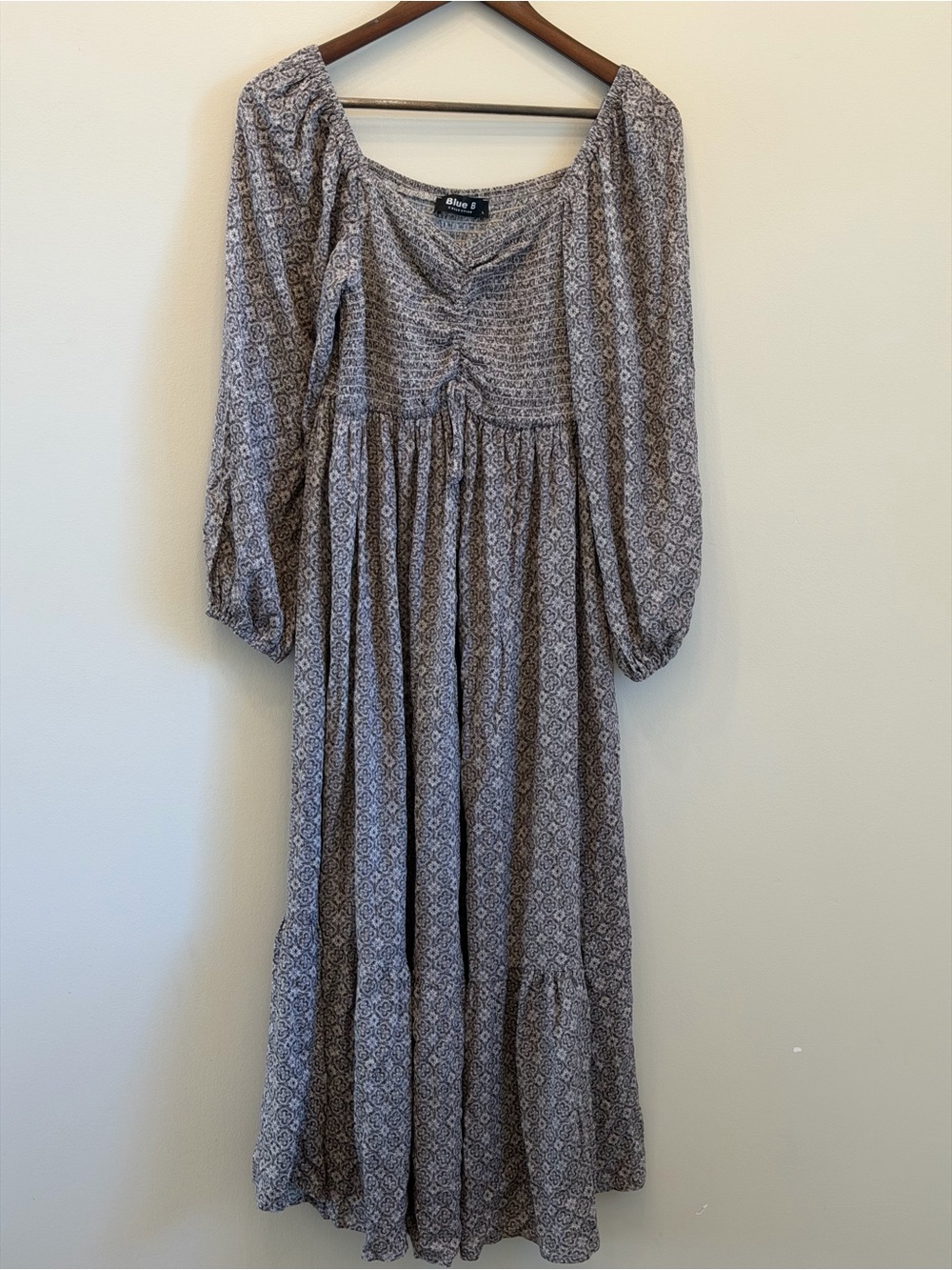 NWOT BLUE B smocked print maxi dress LARGE earth tones